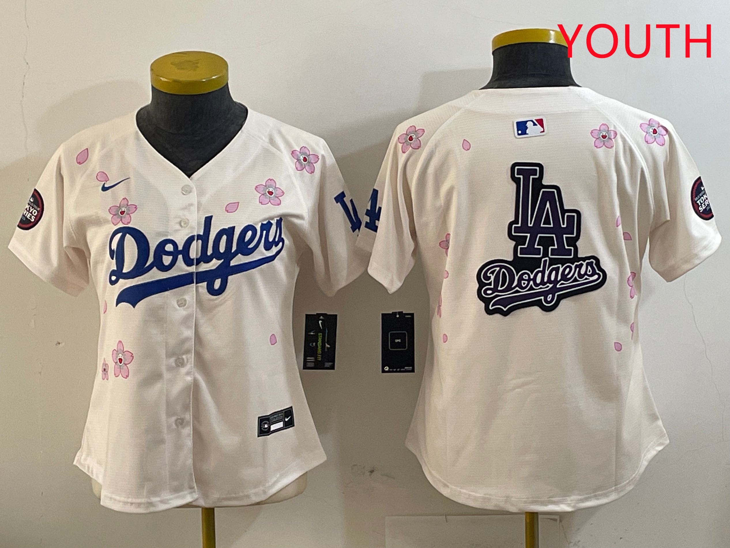 Youth Los Angeles Dodgers Blank Cream Sakura Edition 2025 Nike MLB Jersey style 19->youth mlb jersey->Youth Jersey